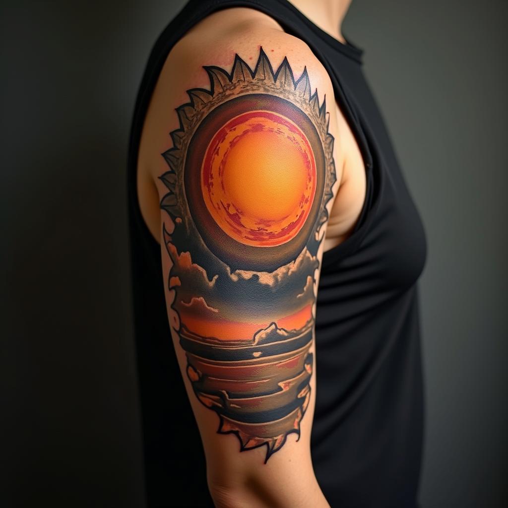 Sun and moon intertwined, glowingin realism tattoo style, featuring a highly detailed, lifelike, capturing every detail, photorealistic, ultra realistic, intricate shading, smooth and sharp,   - Variation 4