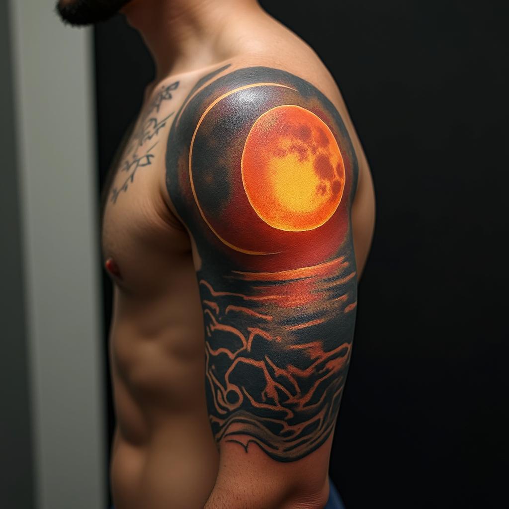 Sun and moon intertwined, glowingin realism tattoo style, featuring a highly detailed, lifelike, capturing every detail, photorealistic, ultra realistic, intricate shading, smooth and sharp,   - Variation 3