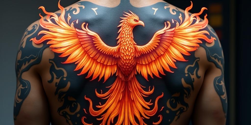 Phenix back tattooin flame tattoo style showcasing fiery elements with dynamic flame patterns, glowing effect of flames, natural colors - Variation 3