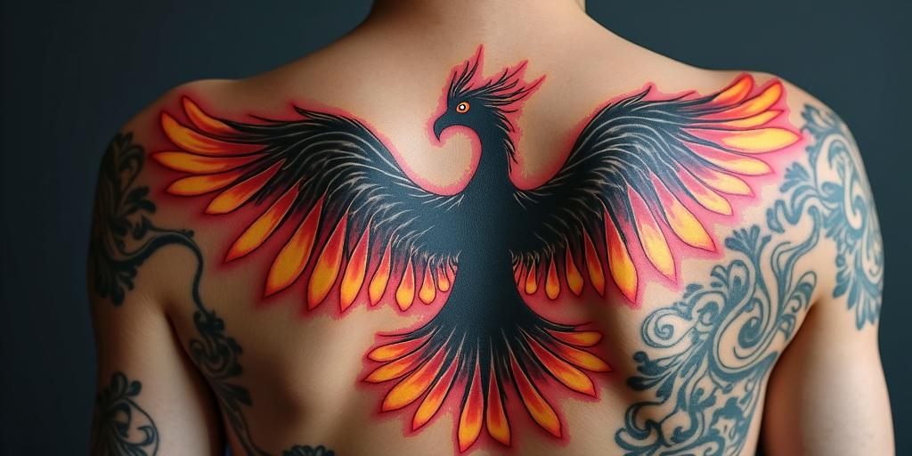 Phenix back tattooin flame tattoo style showcasing fiery elements with dynamic flame patterns, glowing effect of flames, natural colors - Variation 4