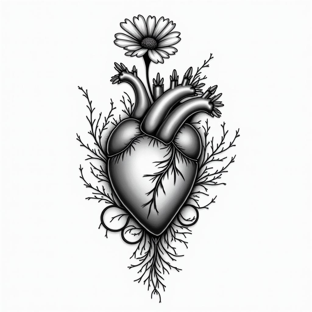 Sewed up heart with flower coming out of tophigly detailed tattoo - Variation 4