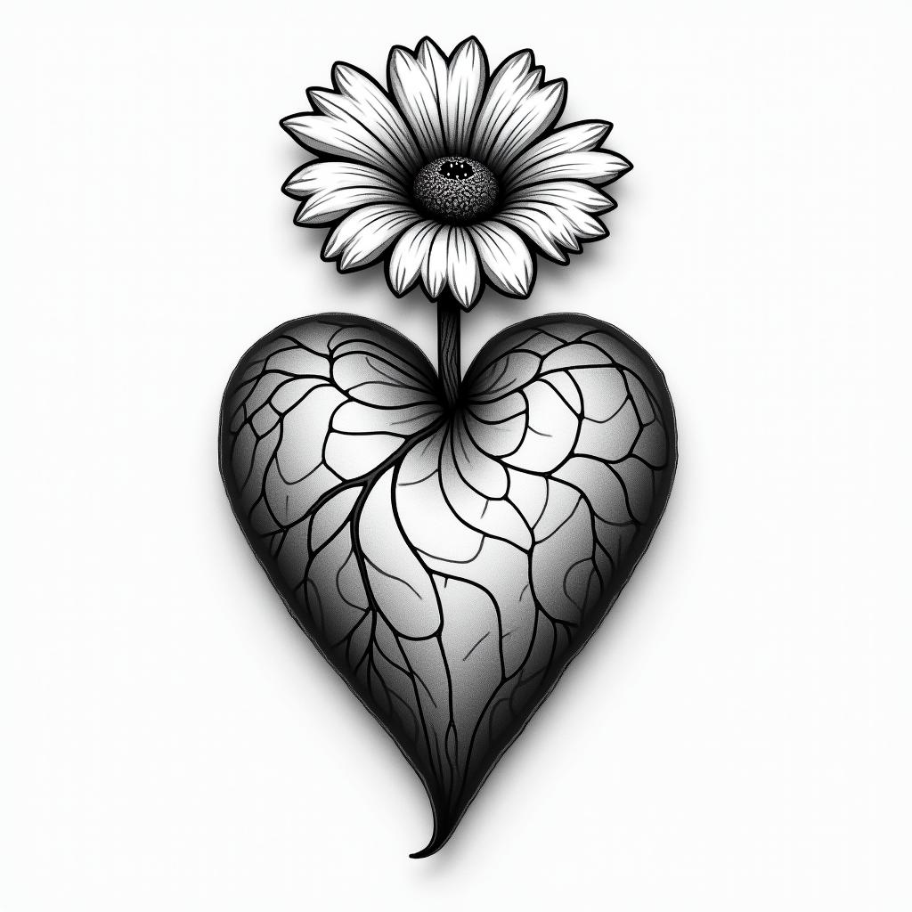 Sewed up heart with flower coming out of tophigly detailed tattoo