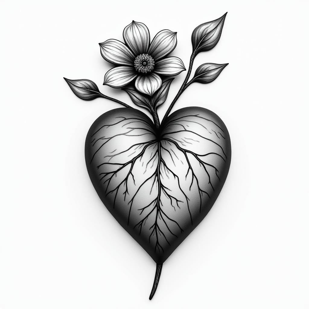 Sewed up heart with flower coming out of tophigly detailed tattoo - Variation 3