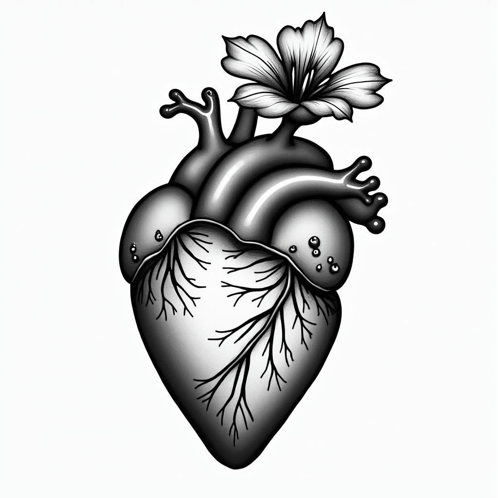 Sewed up heart with flower coming out of tophigly detailed tattoo - Variation 2