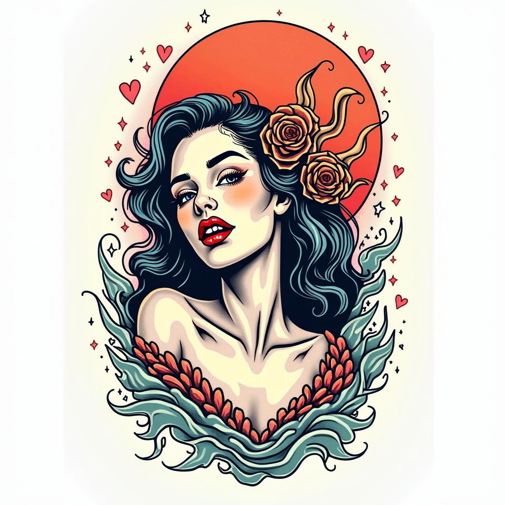I would like to rediscover my love for travel, for freedom with my Aquarius sign. My city of Bayonne that I love, but also my love for sports and the ocean.in pop art style tattoo, featuring bold and vibrant colors, exaggerated outlines, iconic imagery, inspired by comic books and speech bubbles, comic book characters, retro pop culture