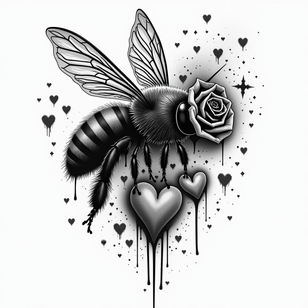 Bee rosein graffiti style tattoo, featuring bold and dynamic street art elements, spray-paint texture with exaggerated lines and expressive, chaotic brushstrokes, intricate lettering incorporated with graffiti tags, symbols like hearts, stars, and wings - Variation 3