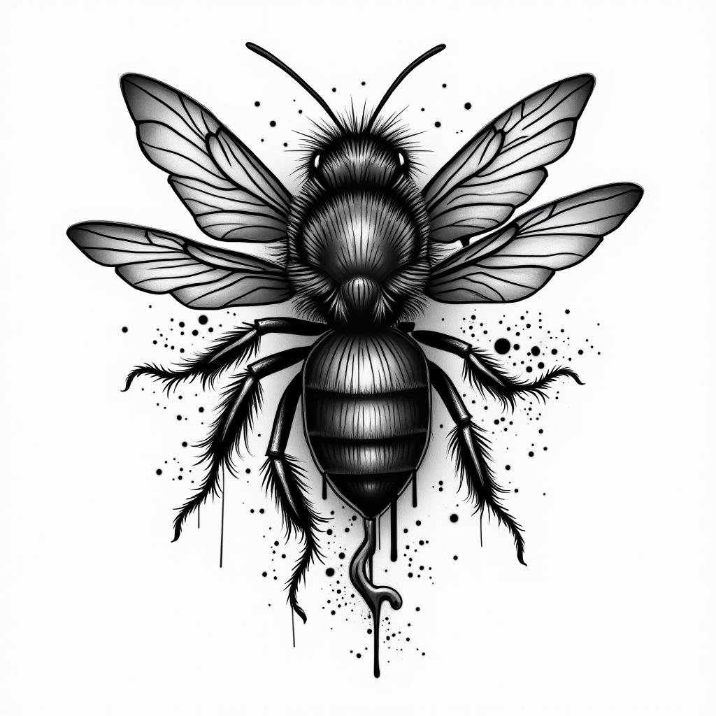 Bee rosein graffiti style tattoo, featuring bold and dynamic street art elements, spray-paint texture with exaggerated lines and expressive, chaotic brushstrokes, intricate lettering incorporated with graffiti tags, symbols like hearts, stars, and wings - Variation 2