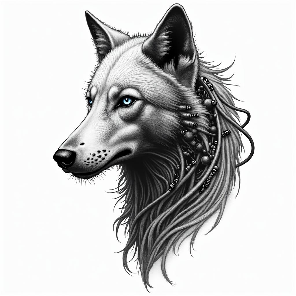 I am a wolf that was born in 1979, a father of 2 children, married, and with a wife who likes weapons.tattoo in biomechanic style, the tattoo covered by robotic elements of futuristic cyberpunk design, robotic features detail, showcasing intricate mechanical components
