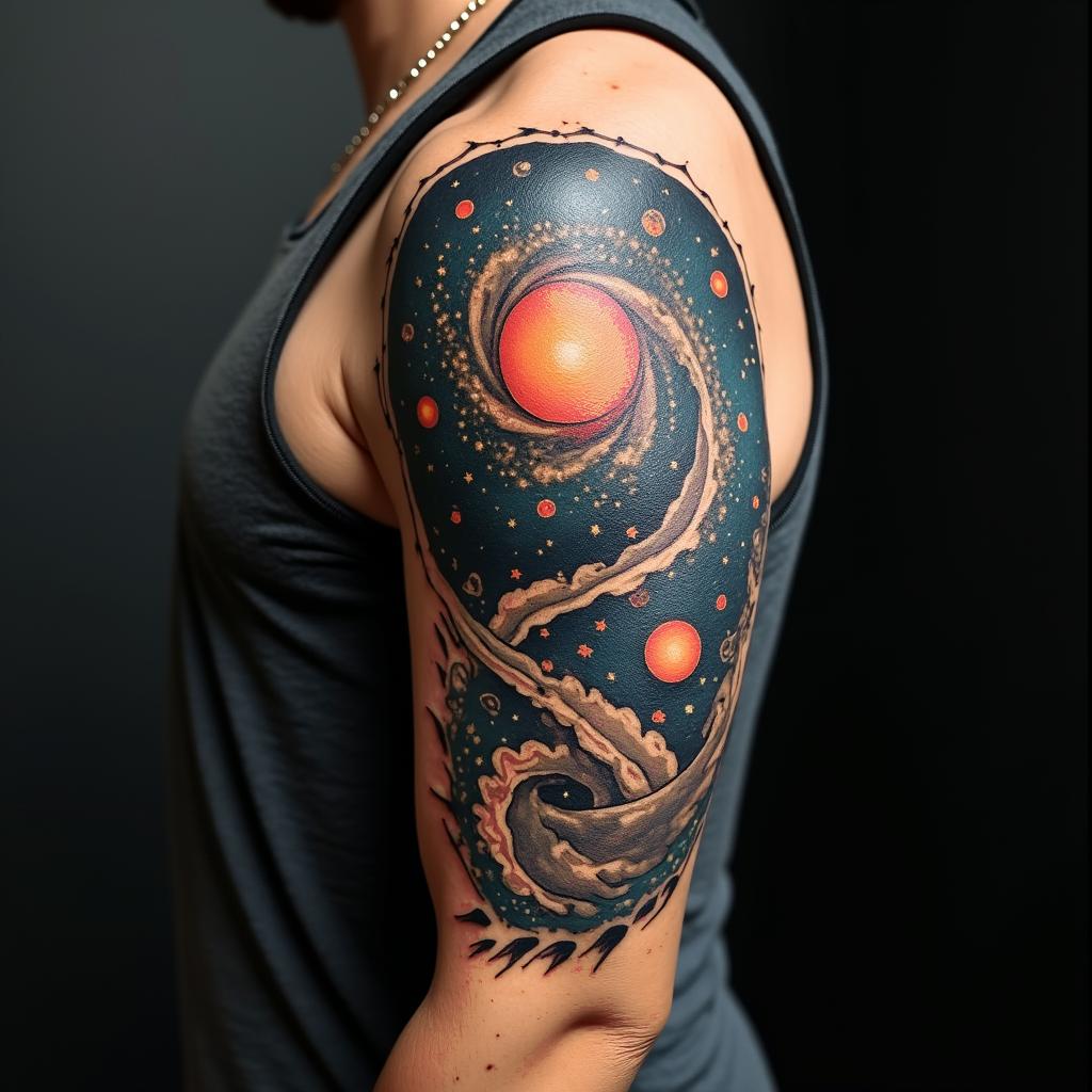 Spiral galaxy with stars and planetsin realism tattoo style, featuring a highly detailed, lifelike, capturing every detail, photorealistic, ultra realistic, intricate shading, smooth and sharp, - Variation 3