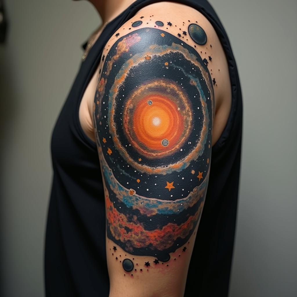Spiral galaxy with stars and planetsin realism tattoo style, featuring a highly detailed, lifelike, capturing every detail, photorealistic, ultra realistic, intricate shading, smooth and sharp, - Variation 2