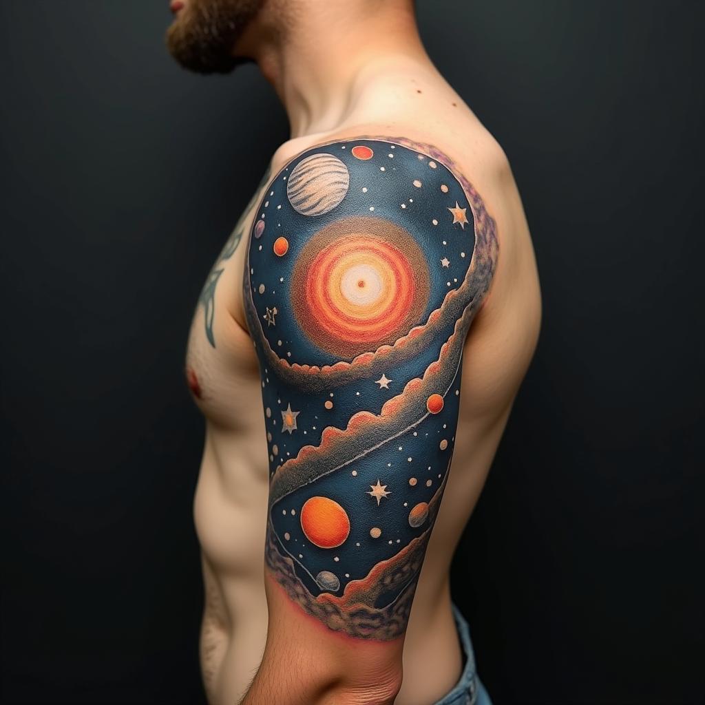 Spiral galaxy with stars and planetsin realism tattoo style, featuring a highly detailed, lifelike, capturing every detail, photorealistic, ultra realistic, intricate shading, smooth and sharp,  