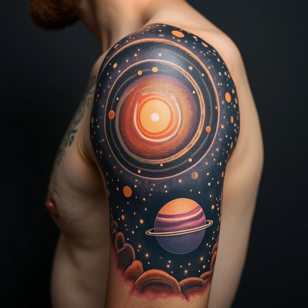 Spiral galaxy with stars and planetsin realism tattoo style, featuring a highly detailed, lifelike, capturing every detail, photorealistic, ultra realistic, intricate shading, smooth and sharp, - Variation 4