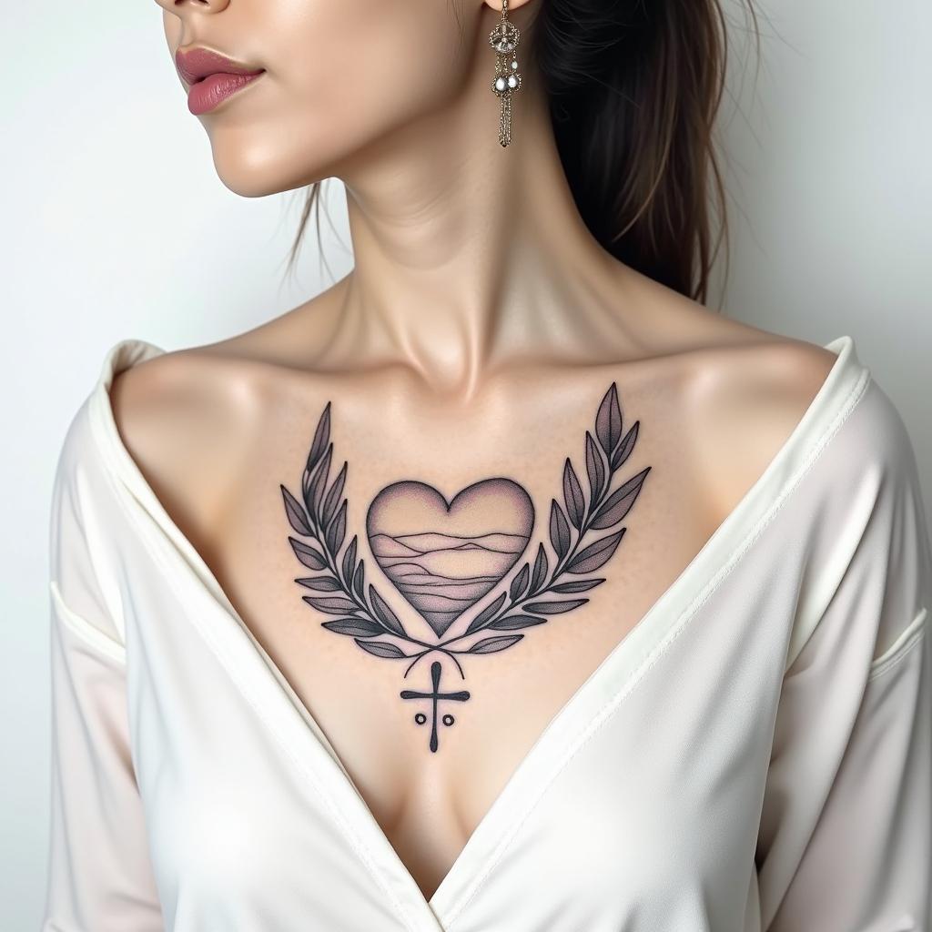 I have a tattoo that goes across my chest from collar bone to the other side it says loyalty and honor but it's messed up what can I do too put something different over it I'm a 34 yr old femalein Modest style tattoo, featuring soft, delicate line work with simple and meaningful symbols, gentle waves, a heart, evoking a sense of serenity and grace,