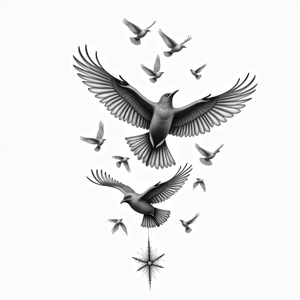 “It’s a leap of faith” with flying birdsin bohemian style tattoo, 8k - Variation 3