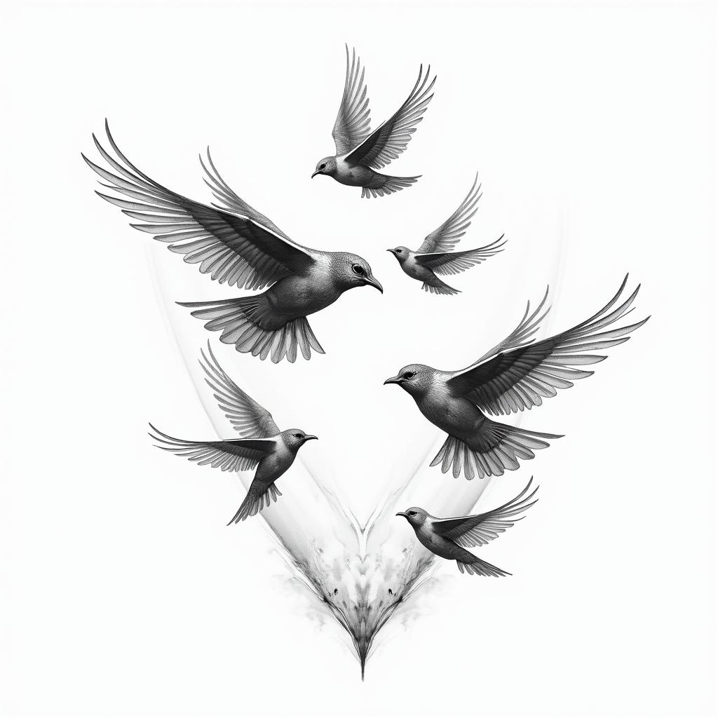 “It’s a leap of faith” with flying birdsin bohemian style tattoo, 8k