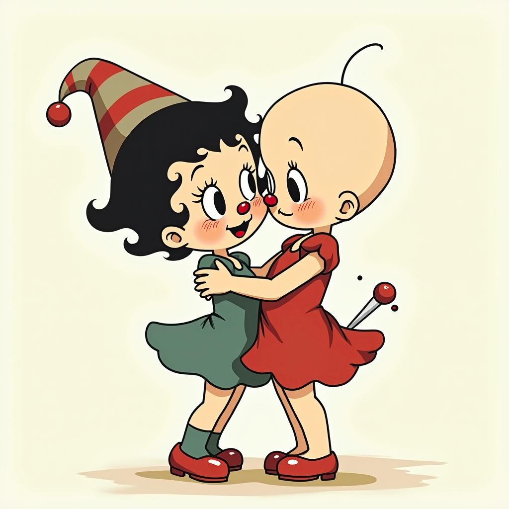 Betty boop clown and ghostGhibli, Studio Ghibli aesthetic, hand-drawn anime style, retro nostalgic atmosphere, retro soft pastel color palette with earthy tones, retro Japanese cinematic shot, yellow tint effect, bald character, smooth surface, anime shadow 90's anime style - Variation 2