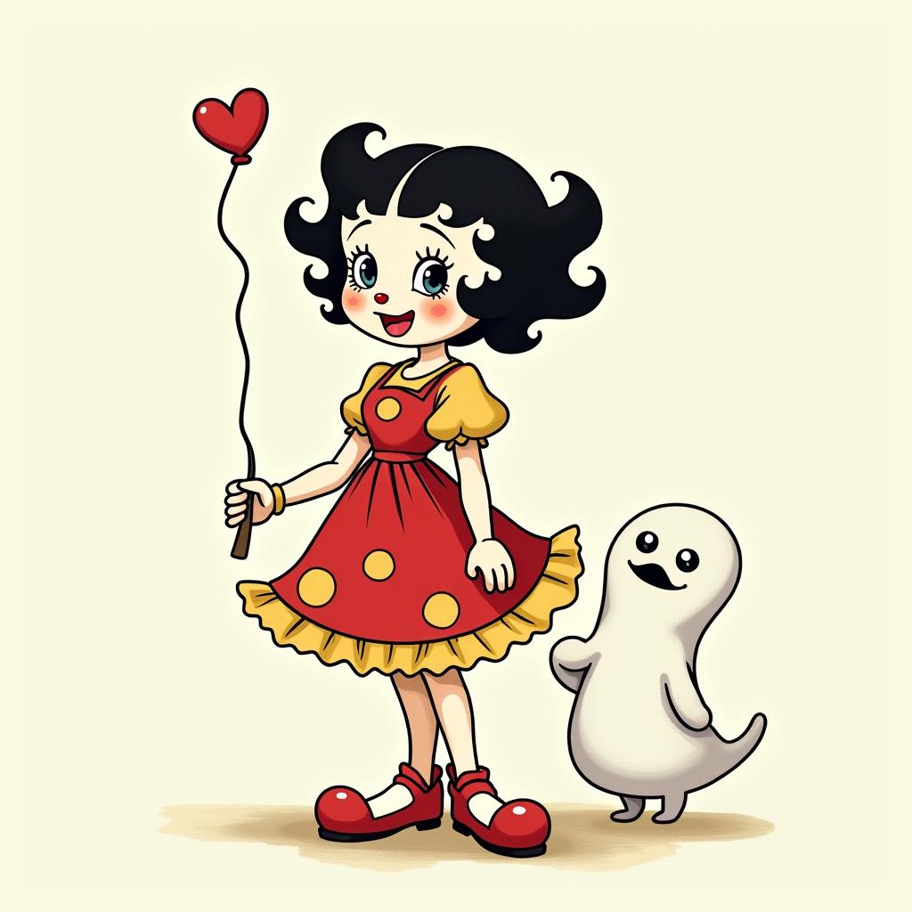 Betty boop clown and ghostGhibli, Studio Ghibli aesthetic, hand-drawn anime style, retro nostalgic atmosphere, retro soft pastel color palette with earthy tones, retro Japanese cinematic shot, yellow tint effect, bald character, smooth surface, anime shadow 90's anime style - Variation 3
