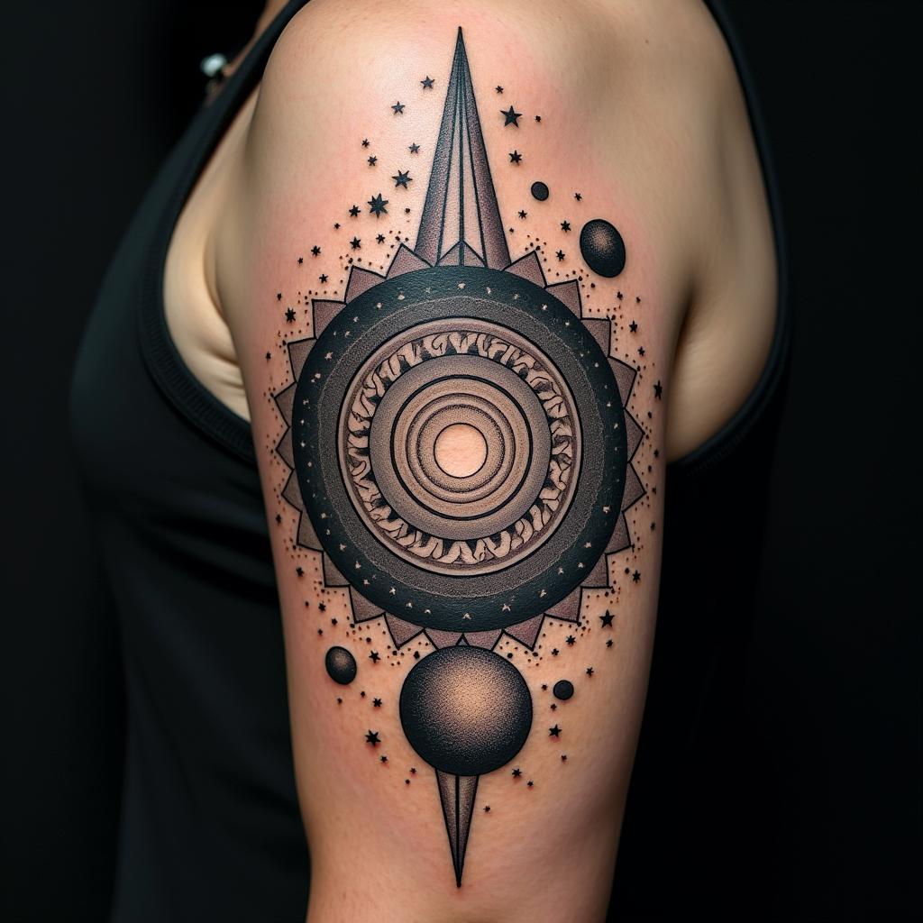 Spiral galaxy with stars and planetsin dotwork style tattoo, complex mandala patterns, interlocking geometric shapes with sharp symmetry, clean lines, sharp angles - Variation 4