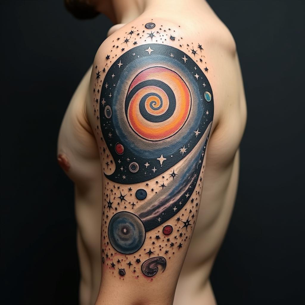 Spiral galaxy with stars and planetsin dotwork style tattoo, complex mandala patterns, interlocking geometric shapes with sharp symmetry, clean lines, sharp angles - Variation 3