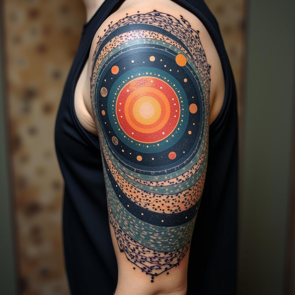 Spiral galaxy with stars and planetsin dotwork style tattoo, complex mandala patterns, interlocking geometric shapes with sharp symmetry, clean lines, sharp angles