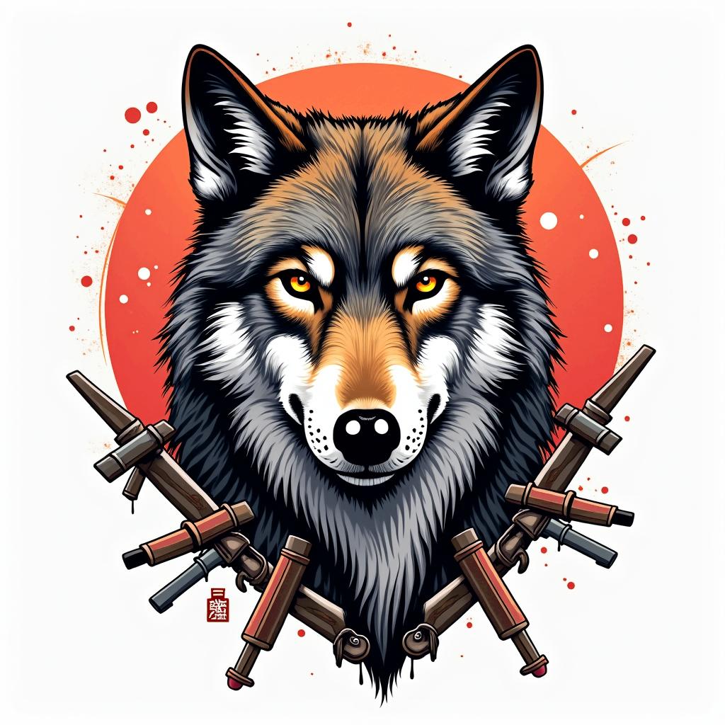 I am a wolf who was born in 1979, a father of two children, married, and with a wife who likes weapons.in pop art style tattoo, featuring bold and vibrant colors, exaggerated outlines, iconic imagery, inspired by comic books and speech bubbles, comic book characters, retro pop culture - Variation 3