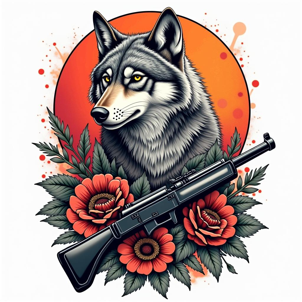 I am a wolf who was born in 1979, a father of two children, married, and with a wife who likes weapons.in pop art style tattoo, featuring bold and vibrant colors, exaggerated outlines, iconic imagery, inspired by comic books and speech bubbles, comic book characters, retro pop culture - Variation 4