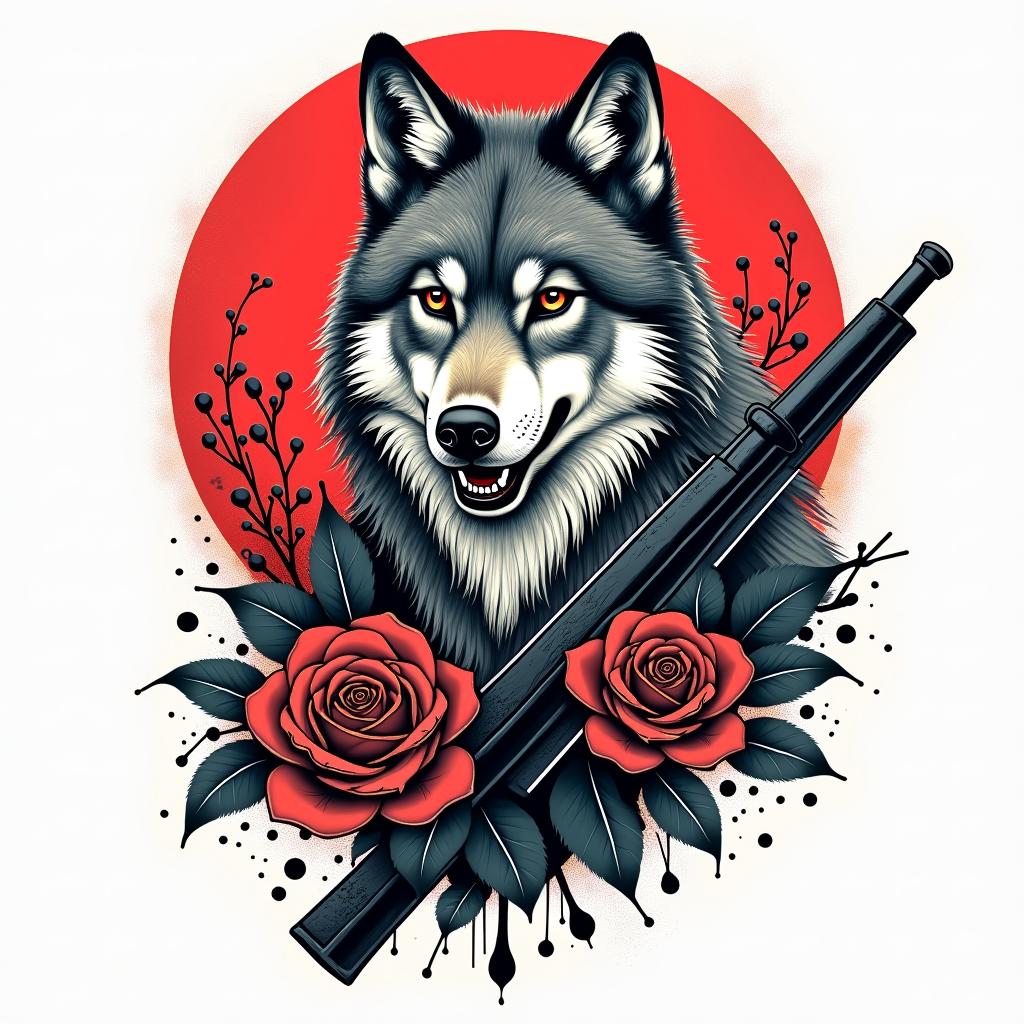 I am a wolf who was born in 1979, a father of two children, married, and with a wife who likes weapons.in pop art style tattoo, featuring bold and vibrant colors, exaggerated outlines, iconic imagery, inspired by comic books and speech bubbles, comic book characters, retro pop culture