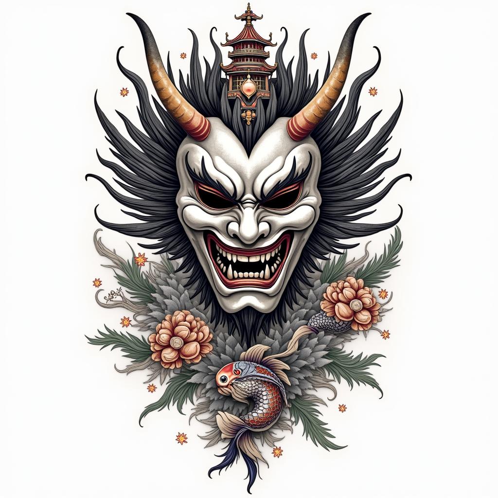 Hannya mask with Japanese castle and koy fish with a lot of colourin japanese style tattoo, detailed tattoo, traditional japanese culture tattoo, mythology, 8k