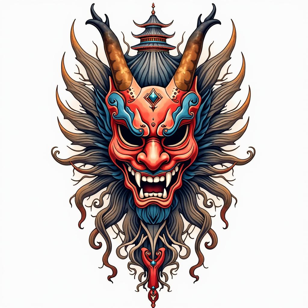 Hannya mask with Japanese castle and koy fish with a lot of colourin japanese style tattoo, detailed tattoo, traditional japanese culture tattoo, mythology, 8k - Variation 2