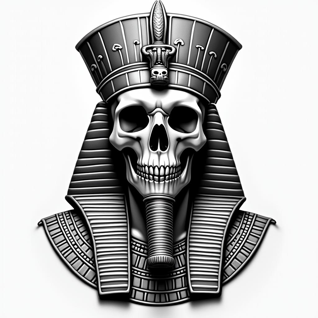 Picture of a king wearing a crown and lion tape with a skull facein egyptian style tattoo, bold elements of ancient egyptian culture including a portrait of an Egyptian pharaoh with detailed facial features, in hieroglyphs and symbolic imagery, eye of horus, ankh symbol, scarab beetle - Variation 4