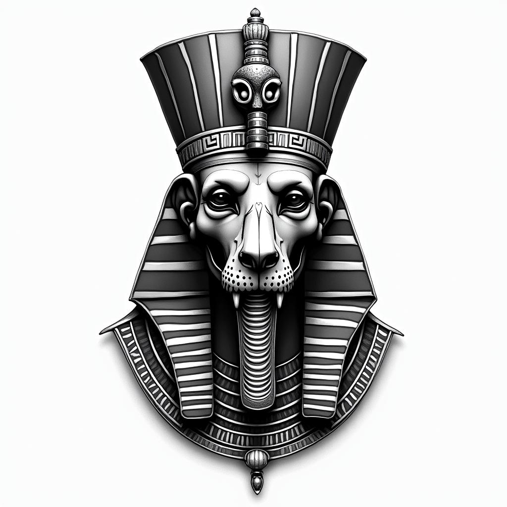 Picture of a king wearing a crown and lion tape with a skull facein egyptian style tattoo, bold elements of ancient egyptian culture including a portrait of an Egyptian pharaoh with detailed facial features, in hieroglyphs and symbolic imagery, eye of horus, ankh symbol, scarab beetle