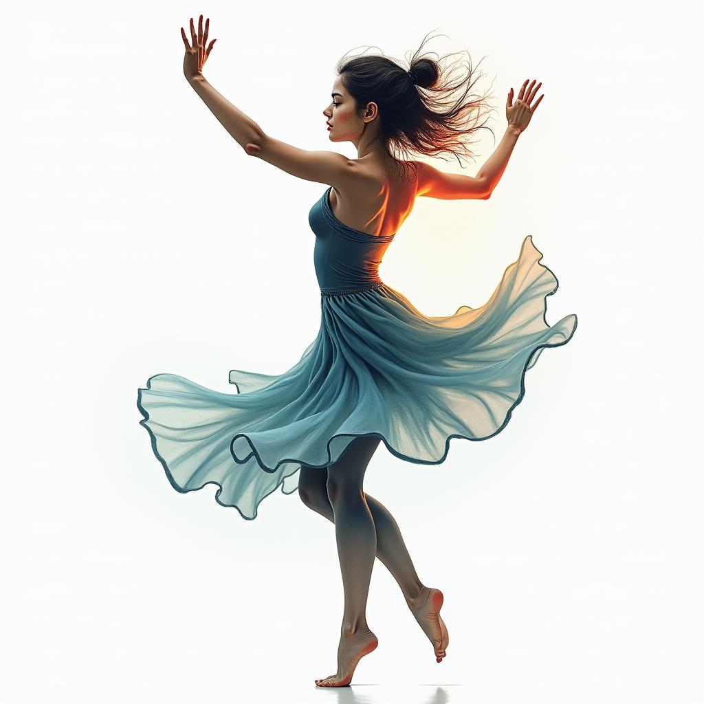 A girl dancing gracefully, symbolizing the struggle of managing anger and finding calmness, with flowing movements that reflect both turmoil and serenity. The design incorporates soft, calming colors like blues and greens, blended with more intense shades representing anger, creating a harmonious balance.higly detailed tattoo - Variation 3