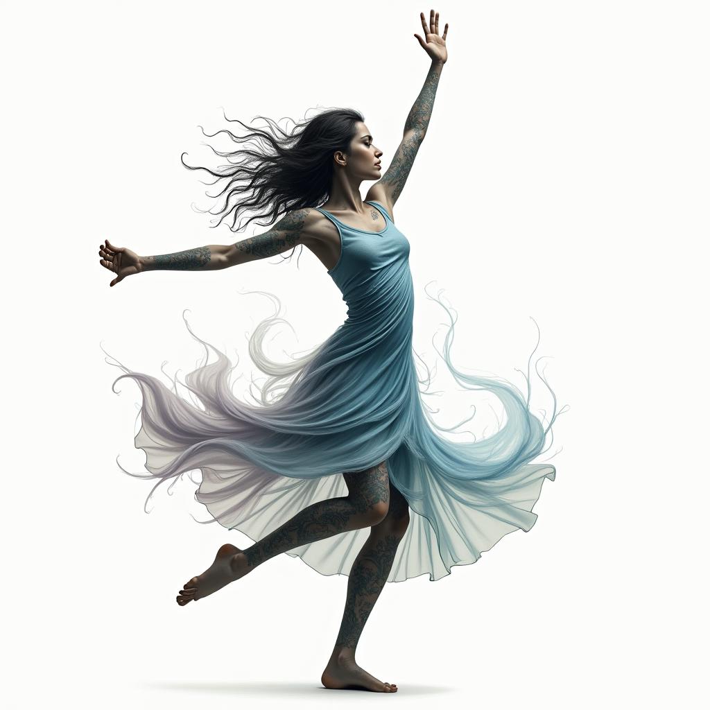A girl dancing gracefully, symbolizing the struggle of managing anger and finding calmness, with flowing movements that reflect both turmoil and serenity. The design incorporates soft, calming colors like blues and greens, blended with more intense shades representing anger, creating a harmonious balance.higly detailed tattoo - Variation 4