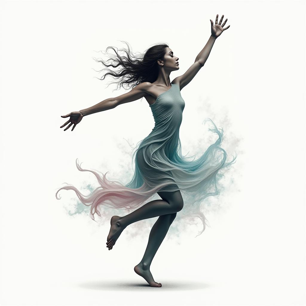 A girl dancing gracefully, symbolizing the struggle of managing anger and finding calmness, with flowing movements that reflect both turmoil and serenity. The design incorporates soft, calming colors like blues and greens, blended with more intense shades representing anger, creating a harmonious balance.higly detailed tattoo - Variation 2