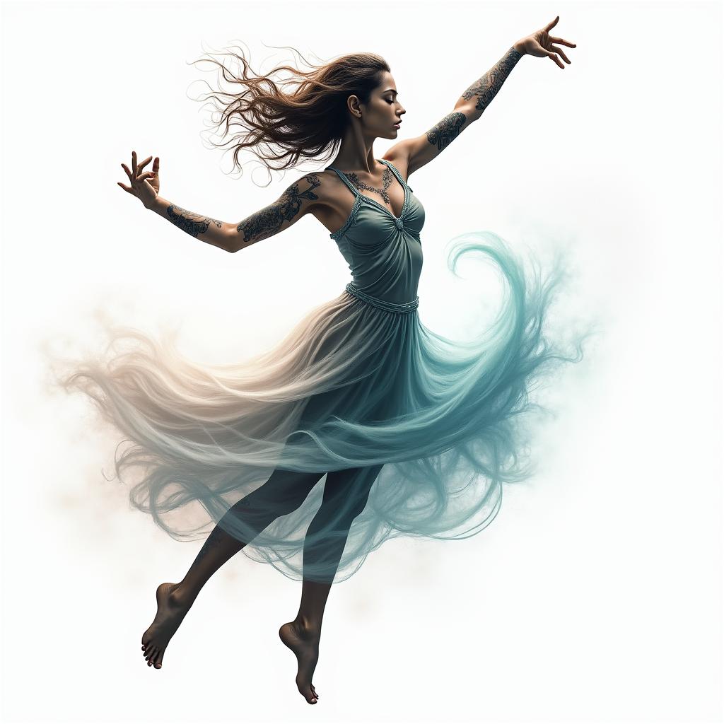 A girl dancing gracefully, symbolizing the struggle of managing anger and finding calmness, with flowing movements that reflect both turmoil and serenity. The design incorporates soft, calming colors like blues and greens, blended with more intense shades representing anger, creating a harmonious balance.higly detailed tattoo