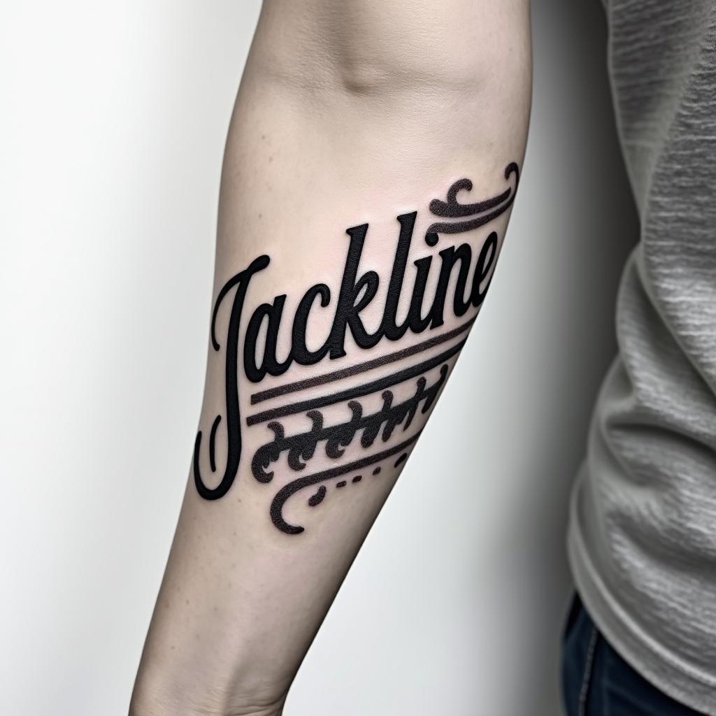 The name Jackeline spelled out on forearmhigly detailed tattoo - Variation 3