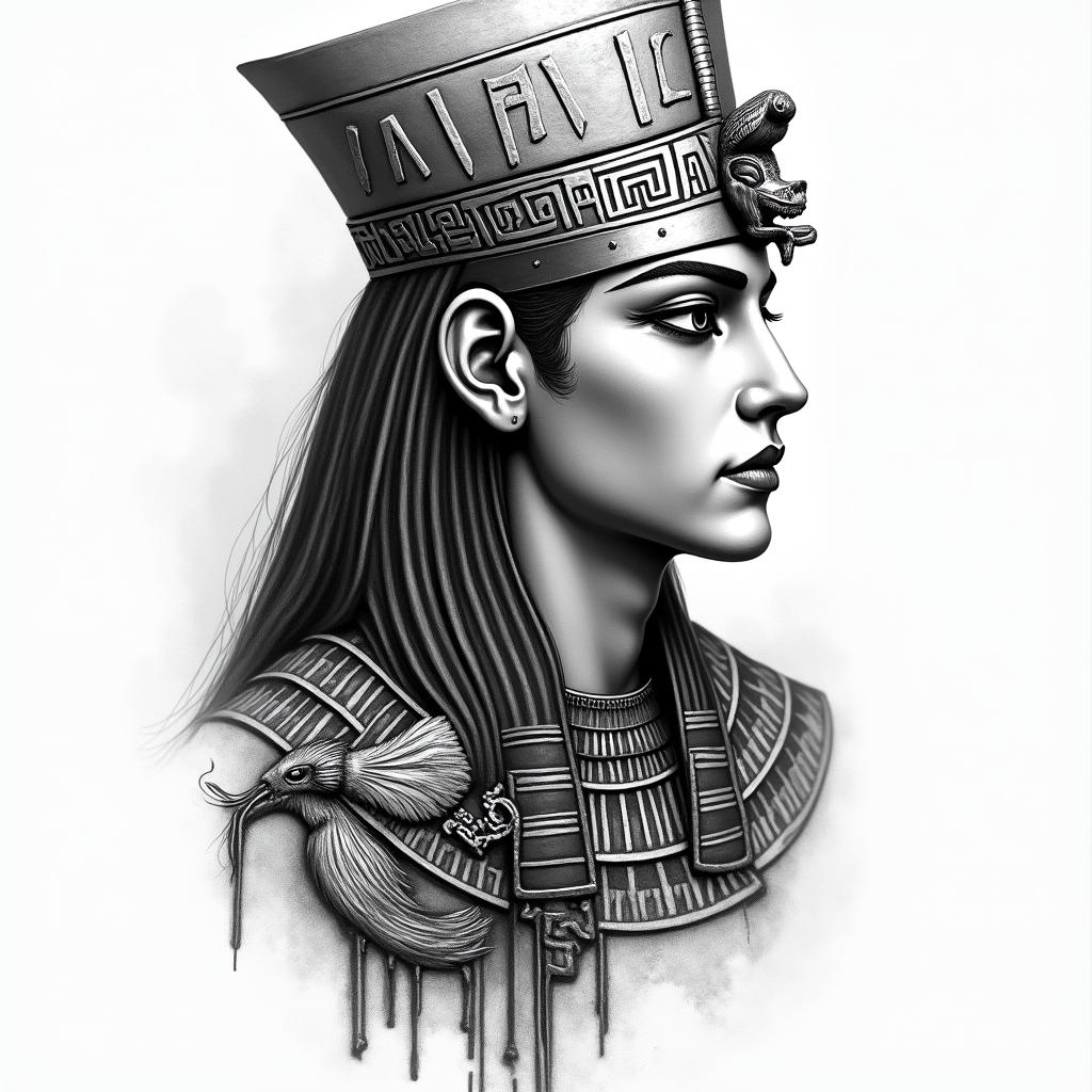 Libra, malein egyptian style tattoo, bold elements of ancient egyptian culture including a portrait of an Egyptian pharaoh with detailed facial features, in hieroglyphs and symbolic imagery, eye of horus, ankh symbol, scarab beetle - Variation 1