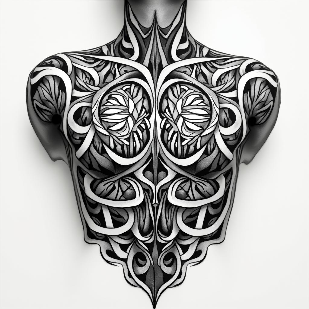 I have a tattoo that goes across my chest from collar bone to the other side it says loyalty and honor but it's messed up what can I do too put something different over it I'm a 34 yr old femalein tribal tattoo style, featuring bold and black geometric shapes, curved lines, intertwine and flow seamlessly, creating a powerful and symbolic design, polynesian and maori styles - Variation 3