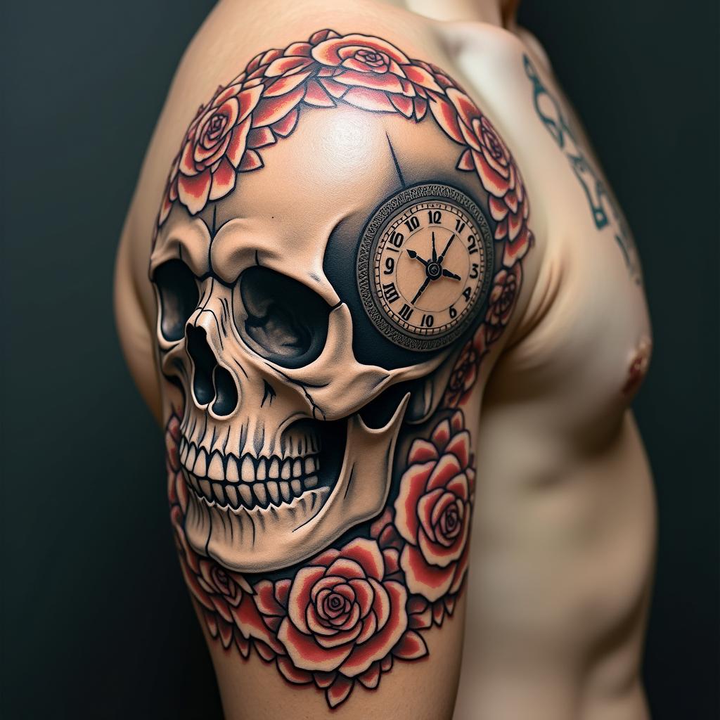 Skull with roses and clock elementsin dotwork style tattoo, complex mandala patterns, interlocking geometric shapes with sharp symmetry, clean lines, sharp angles - Variation 4