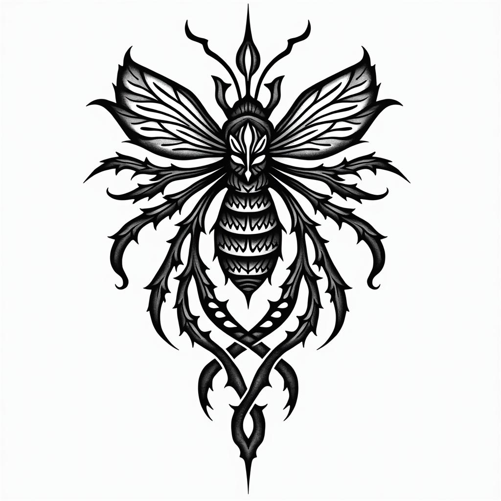 Bee rosein tribal tattoo style, featuring bold and black geometric shapes, curved lines, intertwine and flow seamlessly, creating a powerful and symbolic design, polynesian and maori styles - Variation 4