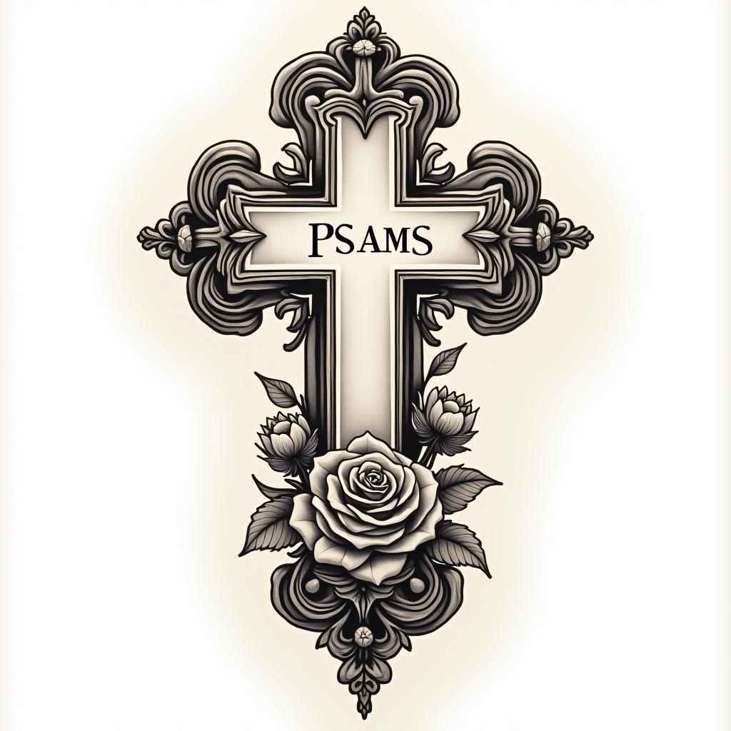 Psalms 46:5 crossin victorian style tattoo, featuring vintage and elegant elements, ornate frames, roses, antique, sepia-toned color scheme - Variation 4