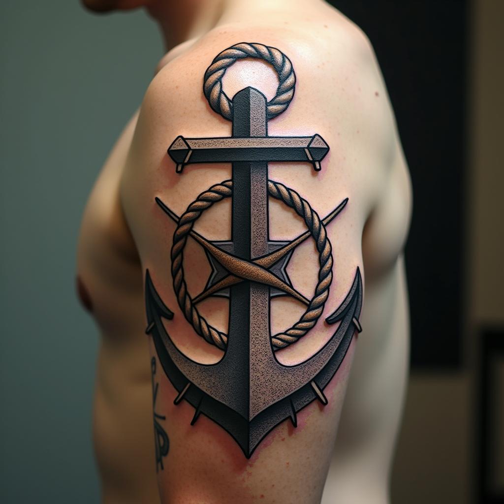 Anchor with nautical rope and compassin dotwork style tattoo, complex mandala patterns, interlocking geometric shapes with sharp symmetry, clean lines, sharp angles - Variation 14