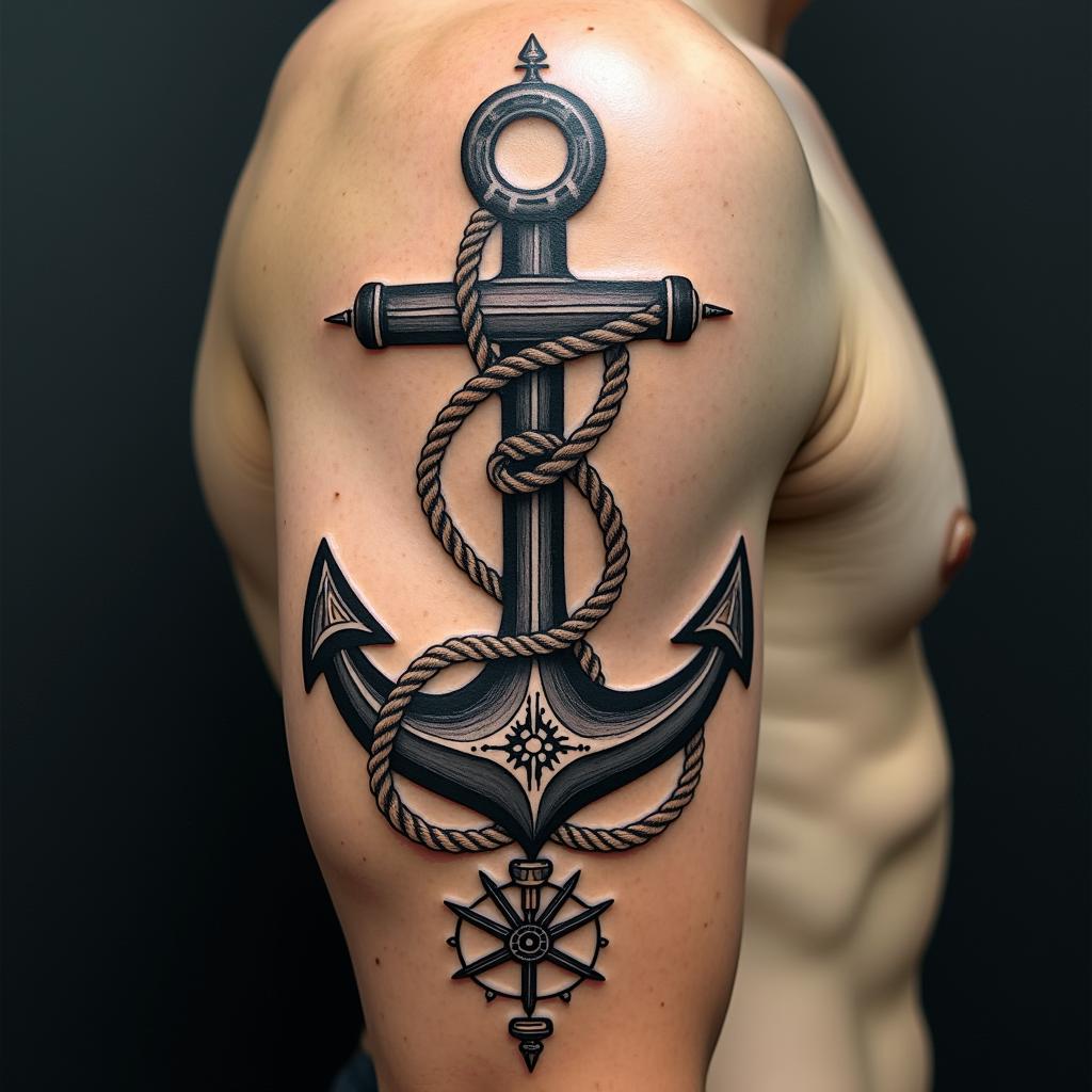 Anchor with nautical rope and compassin dotwork style tattoo, complex mandala patterns, interlocking geometric shapes with sharp symmetry, clean lines, sharp angles - Variation 17