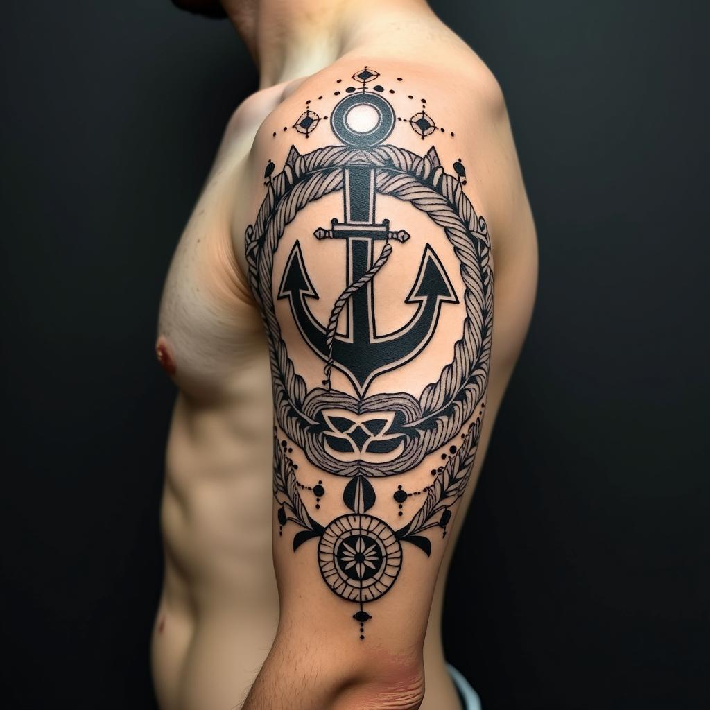 Anchor with nautical rope and compassin dotwork style tattoo, complex mandala patterns, interlocking geometric shapes with sharp symmetry, clean lines, sharp angles - Variation 16