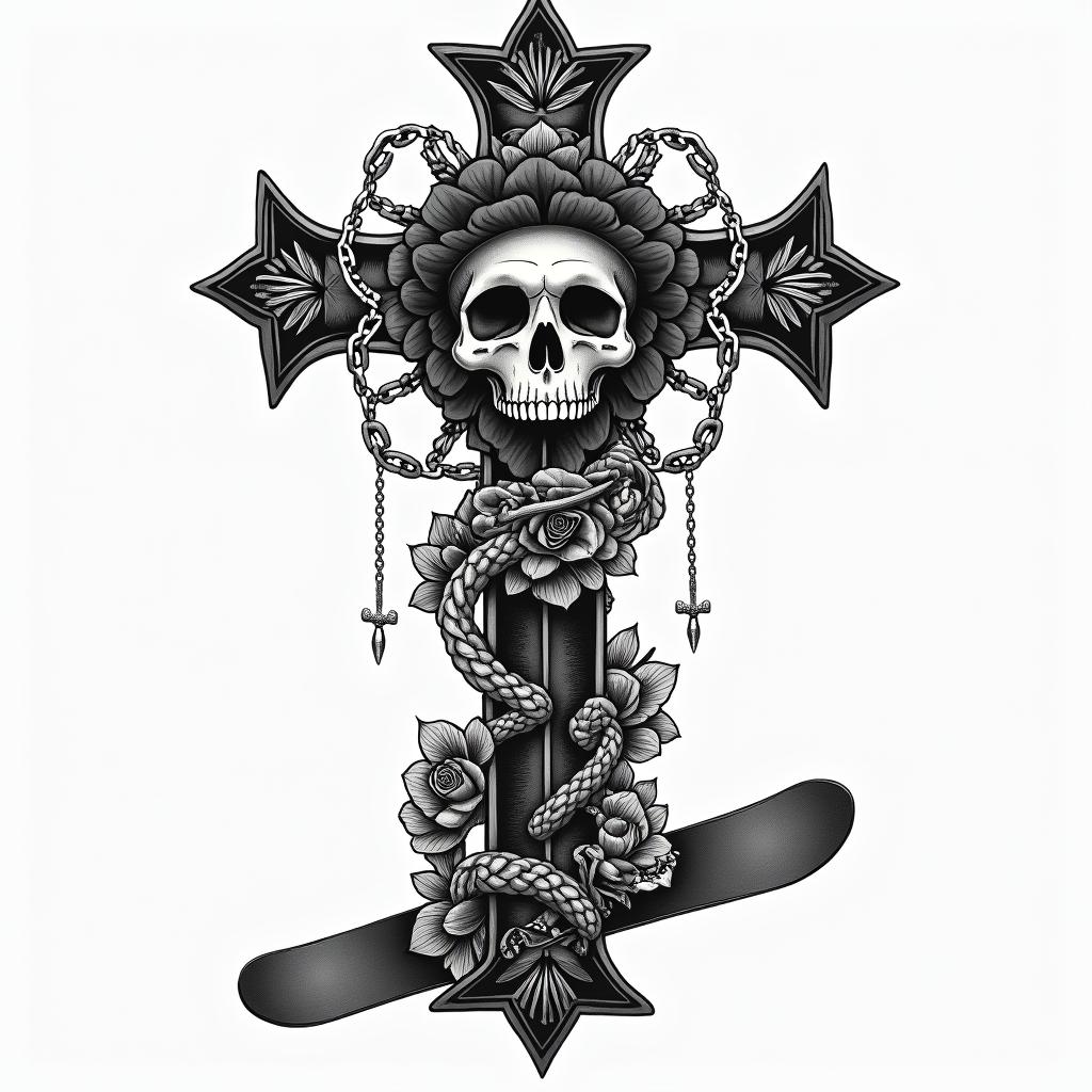 Heather, virgo, daisy, snowboarderin chicano style tattoo, featuring intricate black and grey shading, bold elements of traditional chicano culture symbols, add a big cross with skull, chains and roses - Variation 2