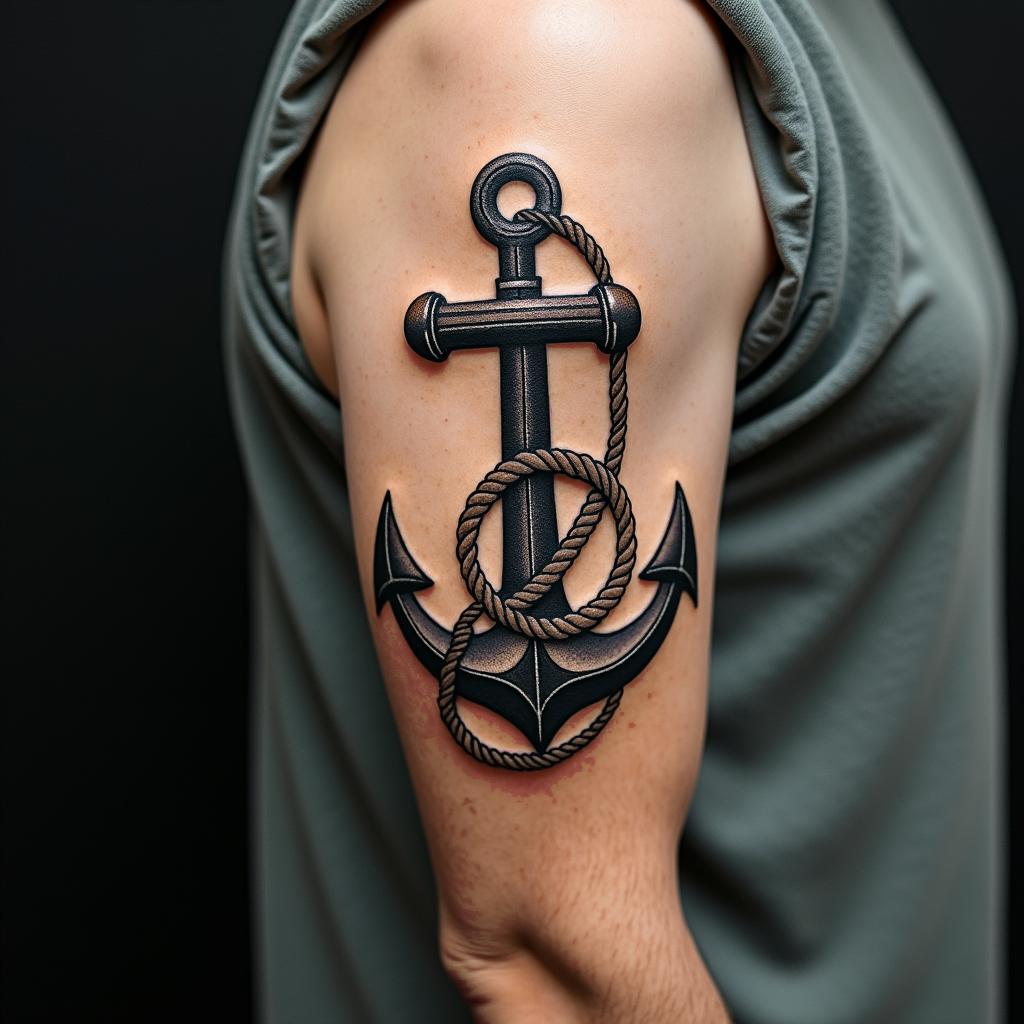 Anchor with nautical rope and compassin new school tattoo, pop culture, modern, detailed tattoo, illustrative - Variation 4