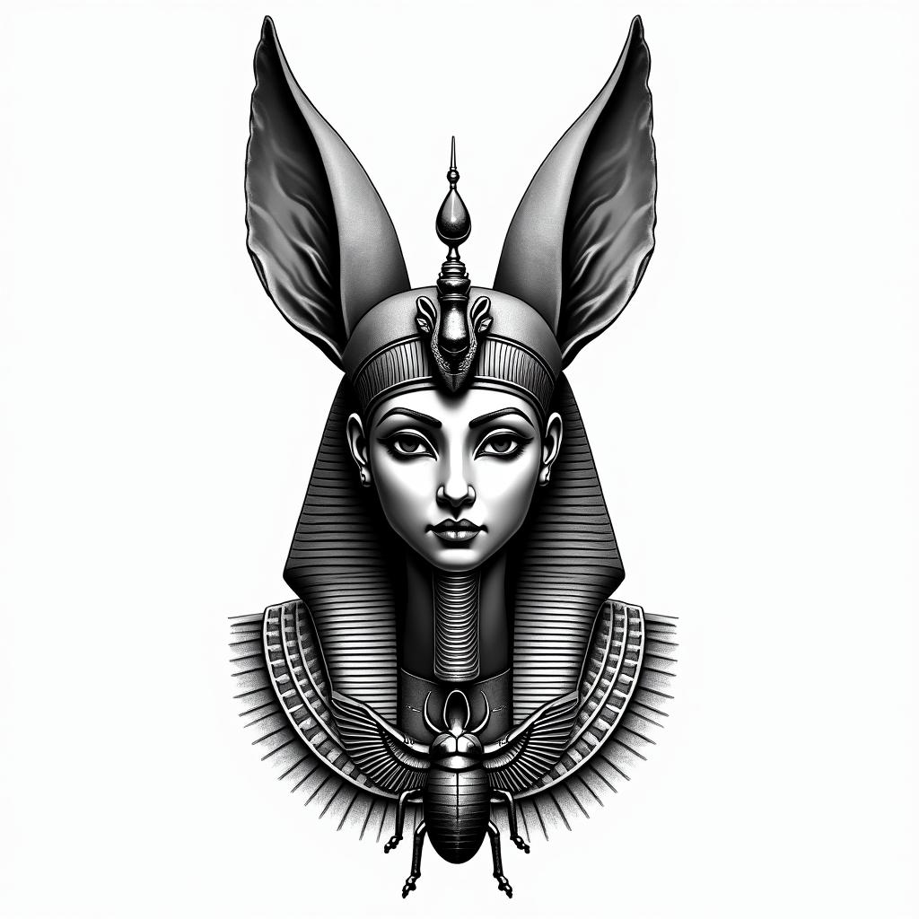 Anubis with scarab.

in egyptian style tattoo, bold elements of ancient egyptian culture including a portrait of an Egyptian pharaoh with detailed facial features, in hieroglyphs and symbolic imagery, eye of horus, ankh symbol, scarab beetle - Variation 2