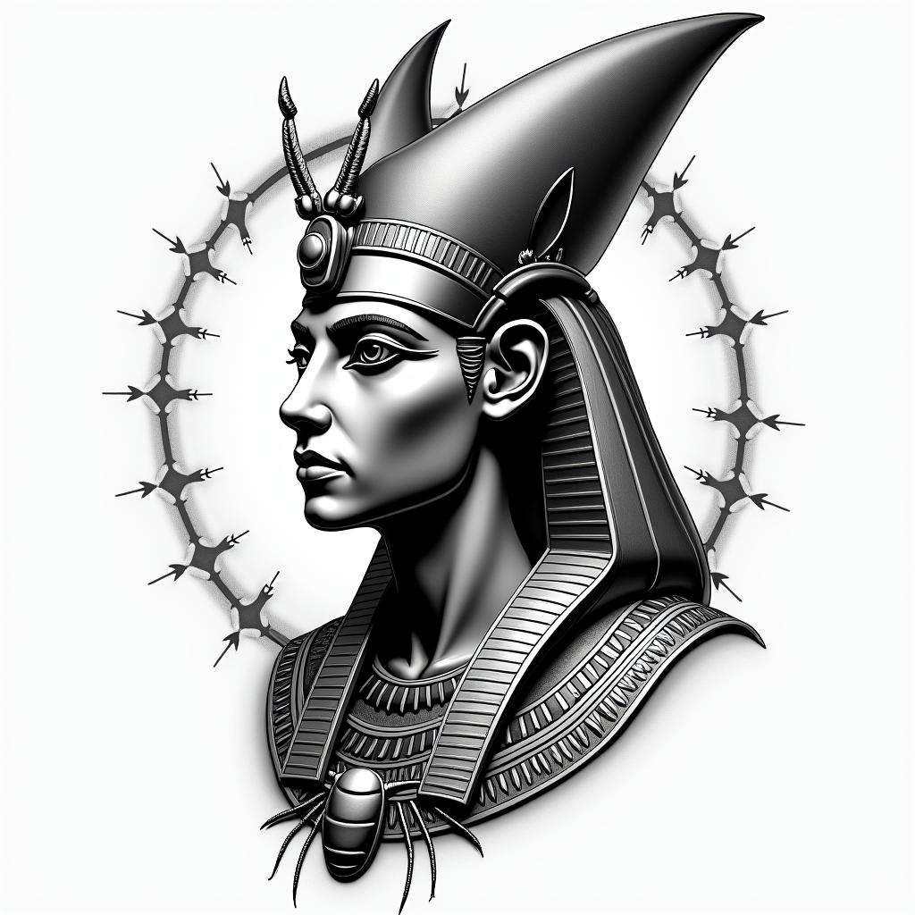 Anubis with scarab.

in egyptian style tattoo, bold elements of ancient egyptian culture including a portrait of an Egyptian pharaoh with detailed facial features, in hieroglyphs and symbolic imagery, eye of horus, ankh symbol, scarab beetle - Variation 4