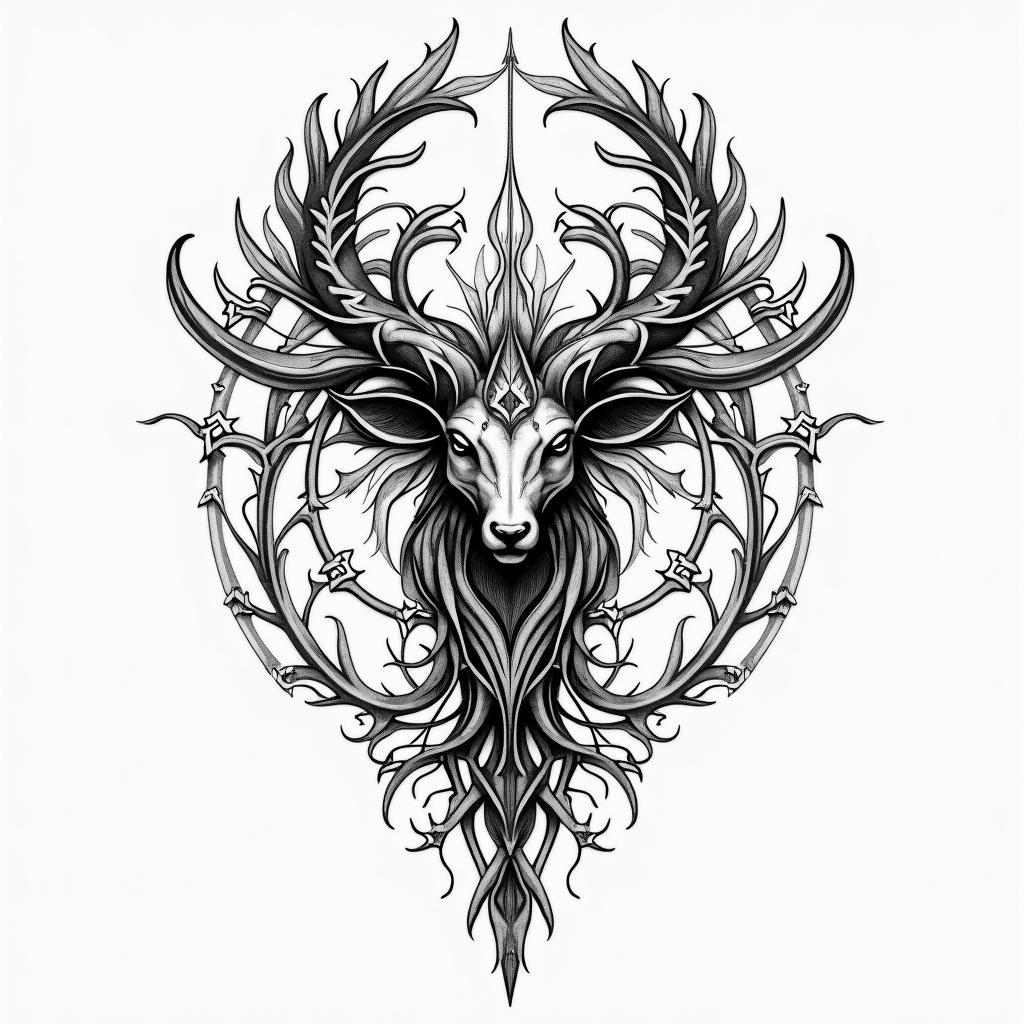 I want a tattoo for the back of Aries, that is symmetrical with geometric figures or sketches in the style of Leonardo da Vinci, surrounded by figures that symbolize the sweep of a radar, that inspires struggle, fire, warrior, strength that is not too heavy and simple for a tattoo artist.in ornamental tattoo style, featuring intricate symmetrical patterns and floral designs, showcasing highly detailed line work and geometric shapes, creating a sense of elegance and balance - Variation 4