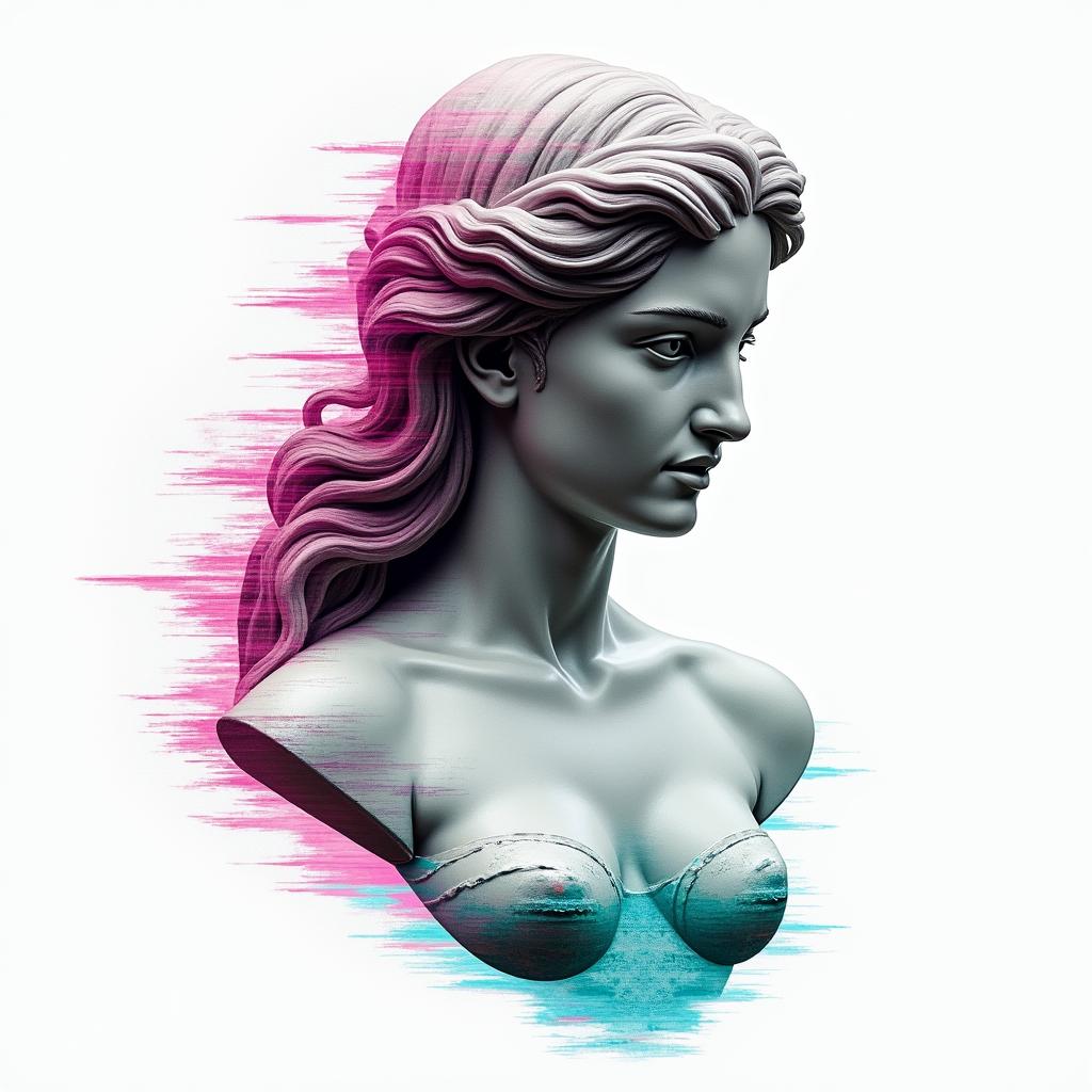 Mermaid Angelin distorted and fragmented tattoo design, featuring a classical statue bust, in a glitch art style with vibrant, overlapping colors of cyan, magenta, and yellow, creating a digital distortion effect - Variation 3